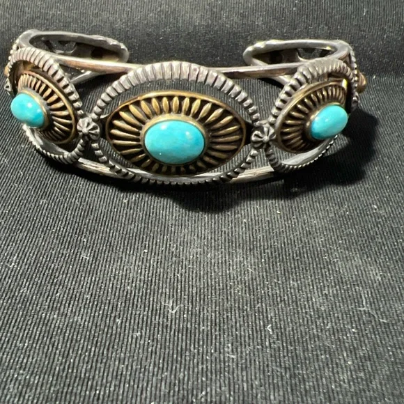.925 Sterling&brass Carolyn Pollack Fritz Casuse Mixed Metal Turquoise Bracelet - Picture 1 of 8